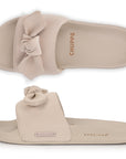 Top and side view of beige casual sliders for women with cushioned sole