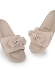 Top view of beige casual sliders for women with cushioned sole