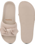 Top and sole view of beige casual sliders for women with cushioned sole