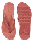 Peach flip-flops for women top and upside down view with floral flip-flop