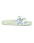 Lime green slider with floral print upper side view