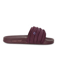 Maroon slider with petal-inspired upper on a white background