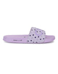 Side view of purple slider with heart motif design