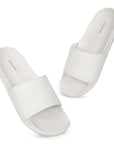 White sliders for men with cushioned AirSoft Sole on a white background