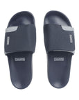 Solid Hues navy & grey sliders top view showing navy upper and grey accents.