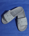Hana grey sliders top view showing floral-embossed Ergo-Pro footbed.