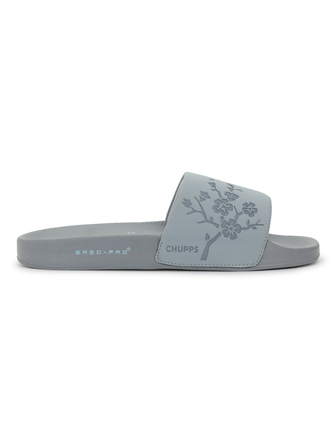 Hana grey sliders side view showing floral-embossed Ergo-Pro footbed.