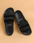 women’s black denim slides on coffee colour background