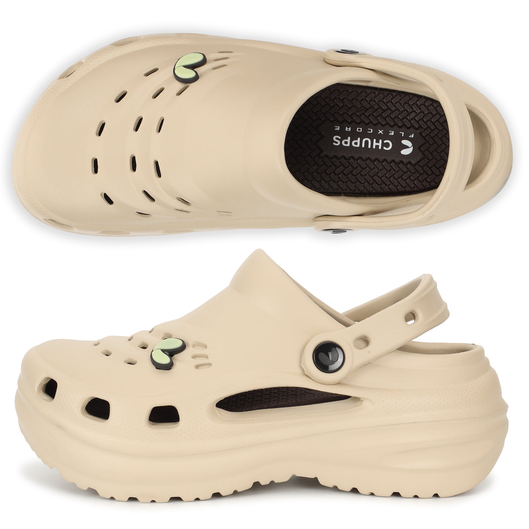 Close-up of Chupps logo badge and ventilated upper, top and side view 