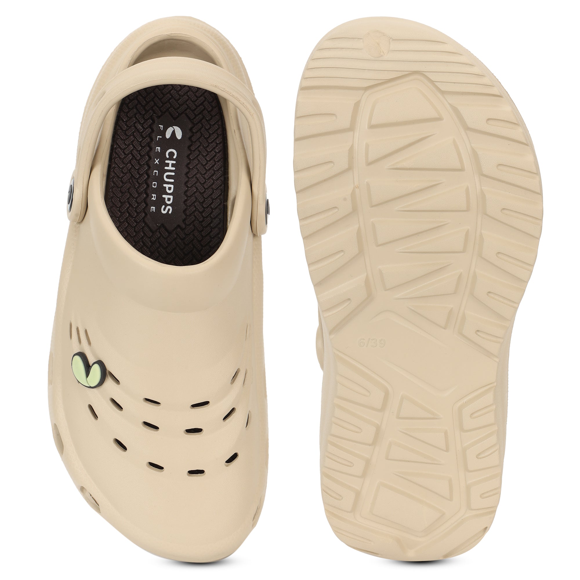 Top and bottom view showing upper design and grip sole pattern
