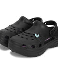 Black clogs with a small colorful logo on top shows side look