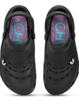 Black clogs with purple insole and turquoise logo on a white background