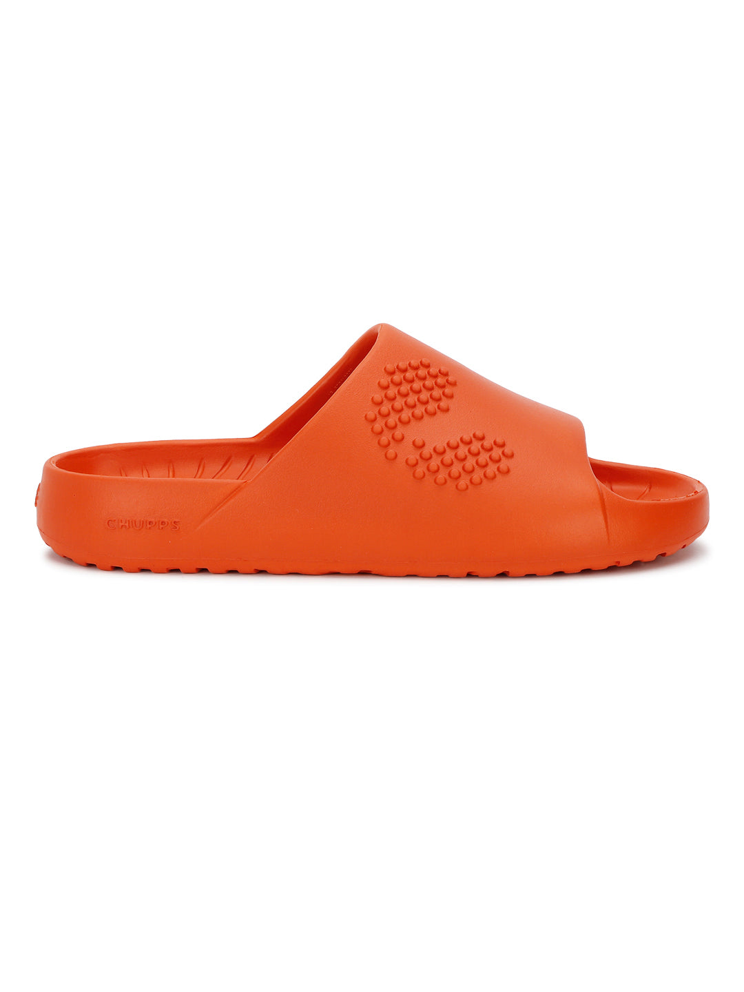 Orange Chupster slide with textured sole on a white background