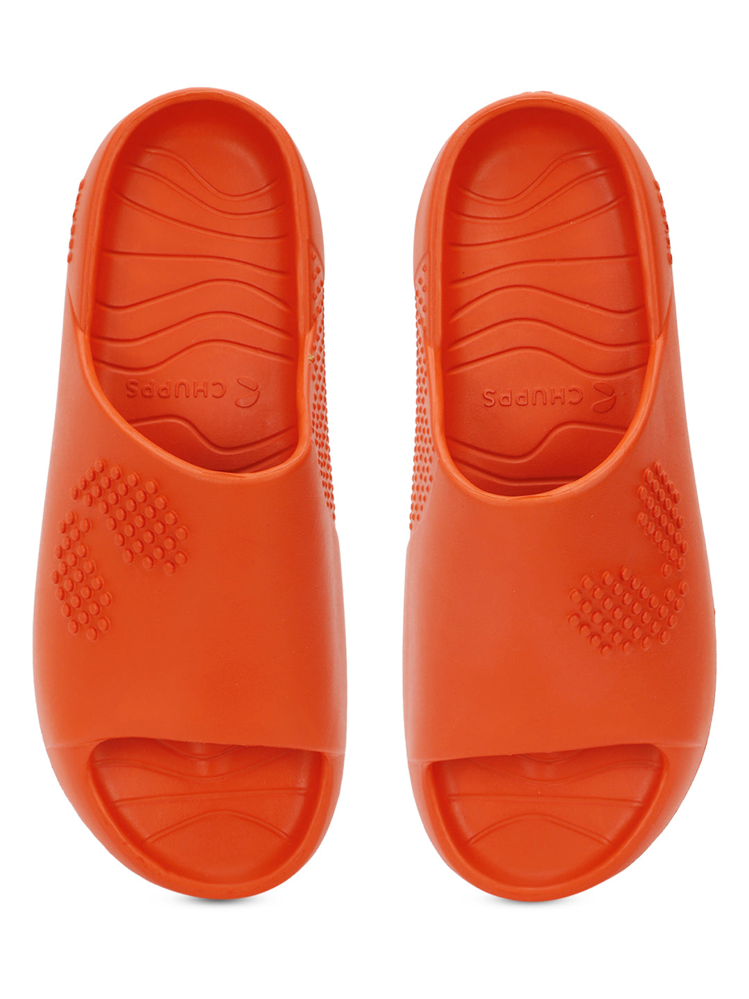 Pair of orange Chupster with rubberized sole with textured upper on a white background
