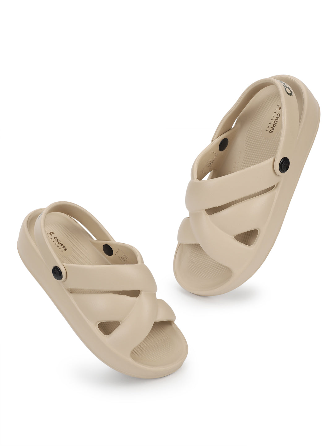 Light brown clogs with sleek design on white background