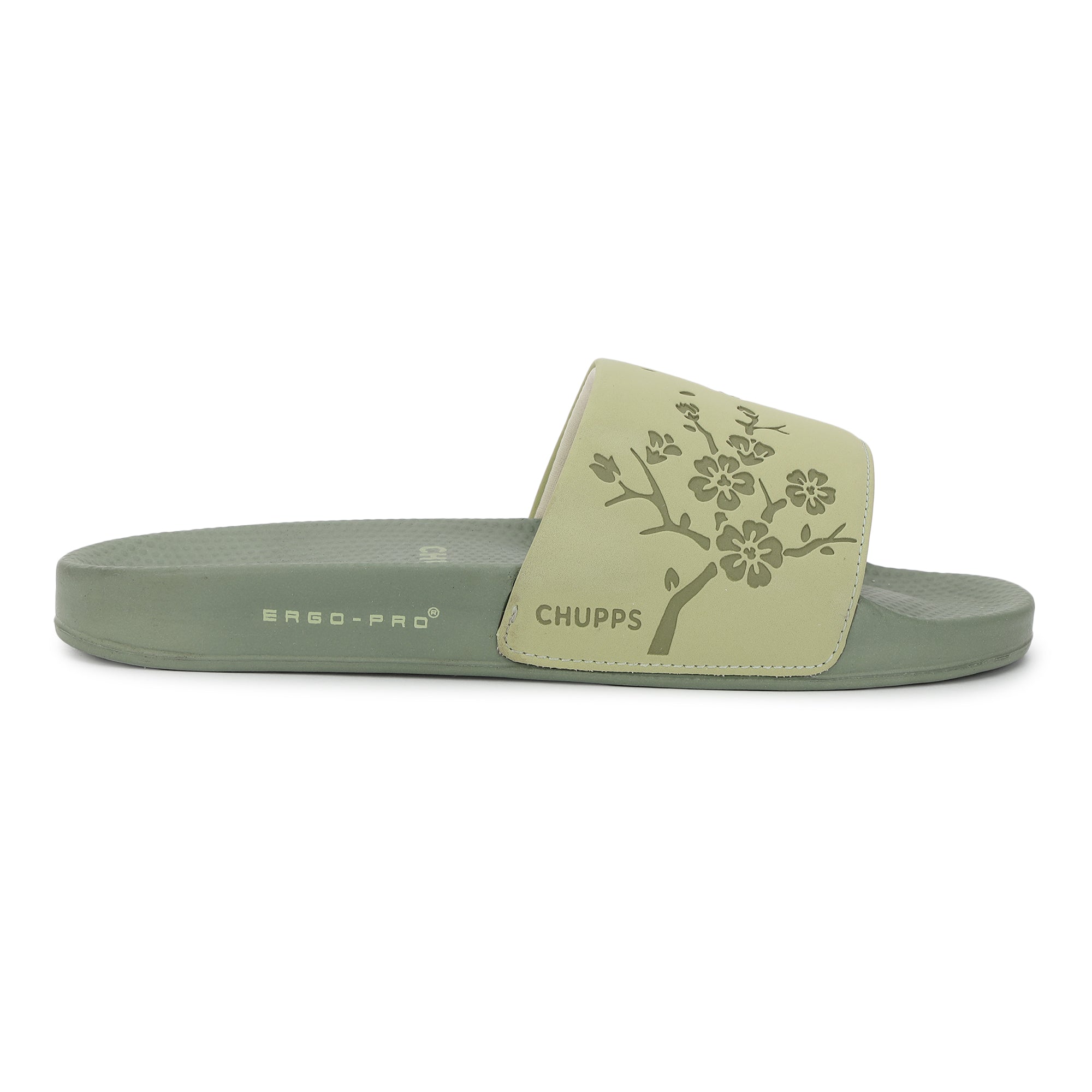 Hana Pista Green sliders top view showing floral-embossed Ergo-Pro footbed.