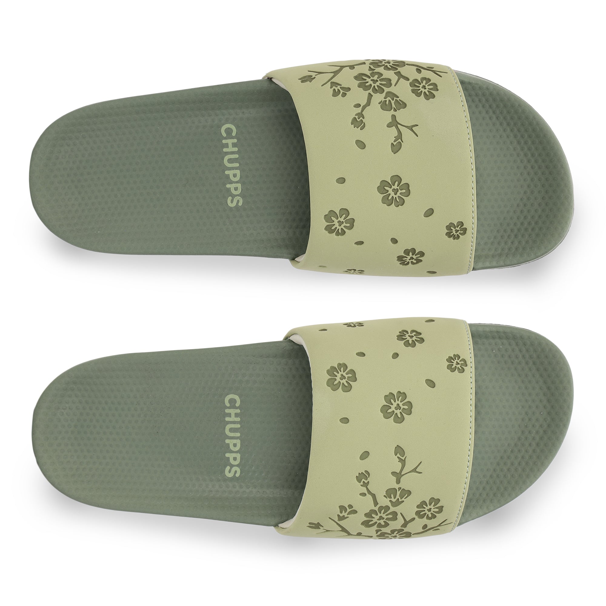 Hana Pista Green sliders top view showing floral-embossed Ergo-Pro footbed.
