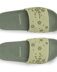 Hana Pista Green sliders top view showing floral-embossed Ergo-Pro footbed.