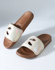 Stylish bronze sliders for women with slit design and mirror finish