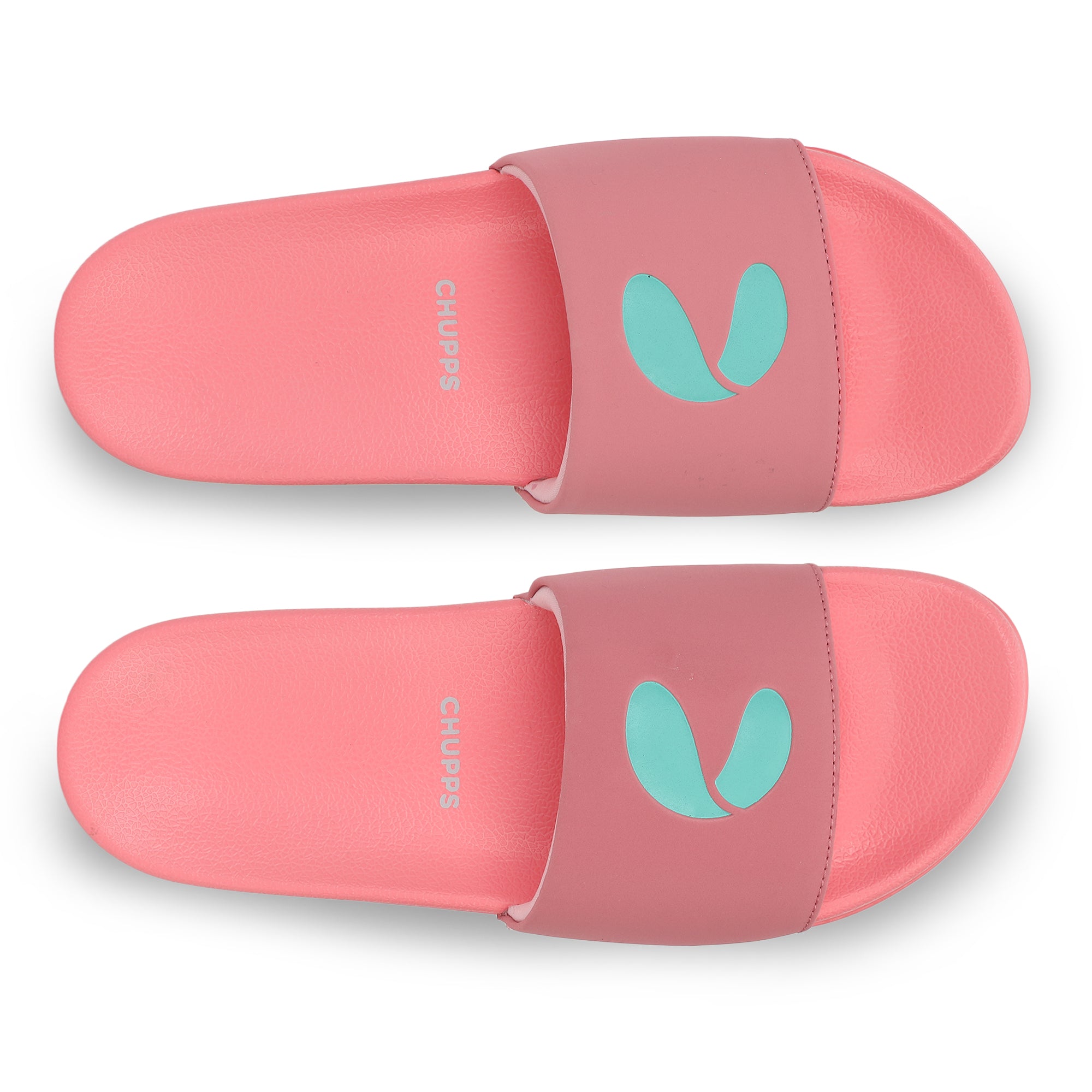 Pair of pink slides with a logo on a white background