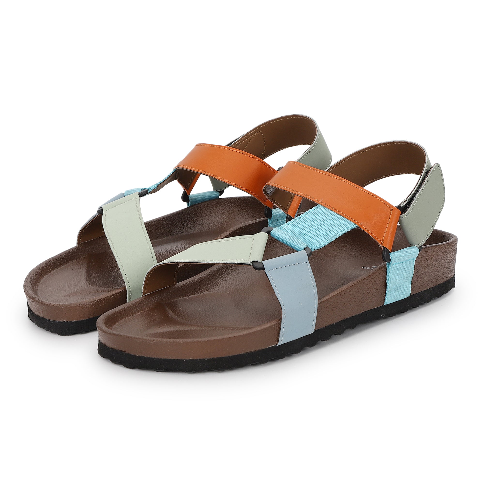 Pair of sandals with multicolored straps on a white background