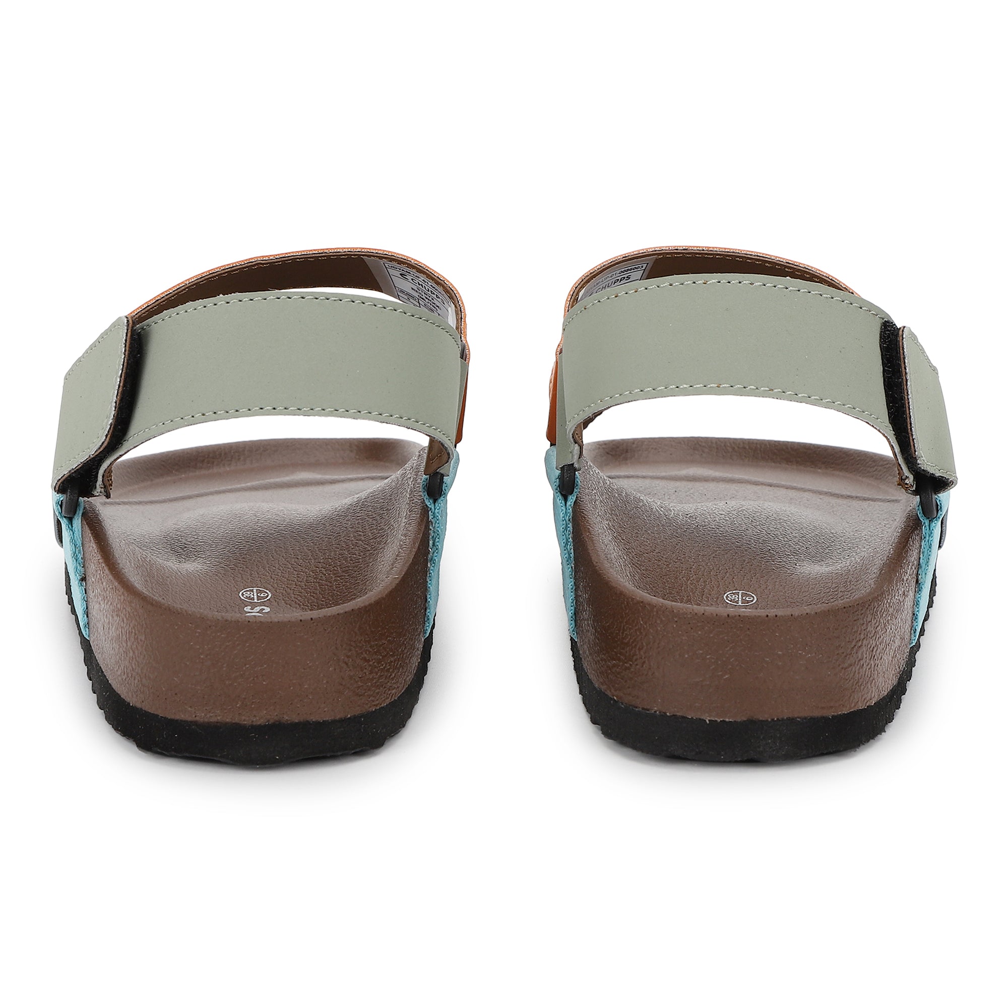 Pair of sandals with a light green strap and brown sole on a white background