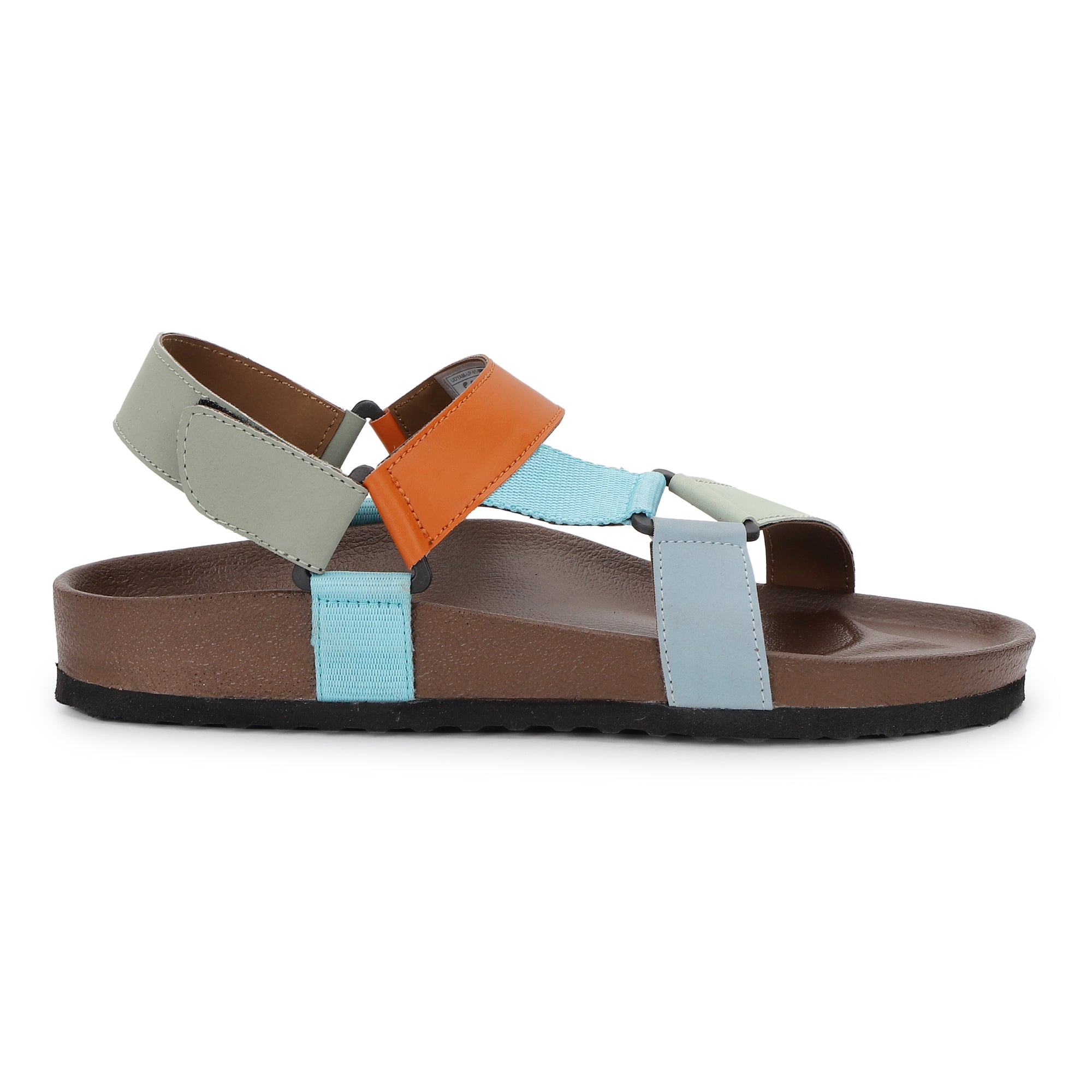Multicolored sandal with brown sole on a white background