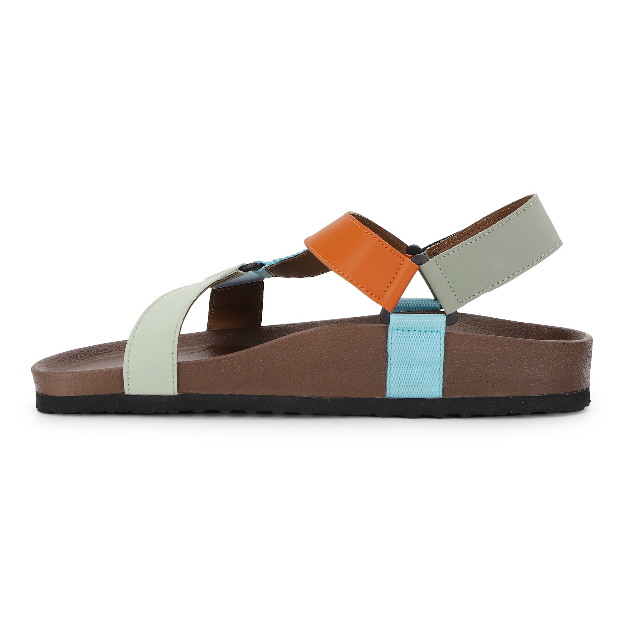 Multicolored sandal with brown, orange, green, and blue straps on a white background