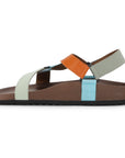 Multicolored sandal with brown, orange, green, and blue straps on a white background