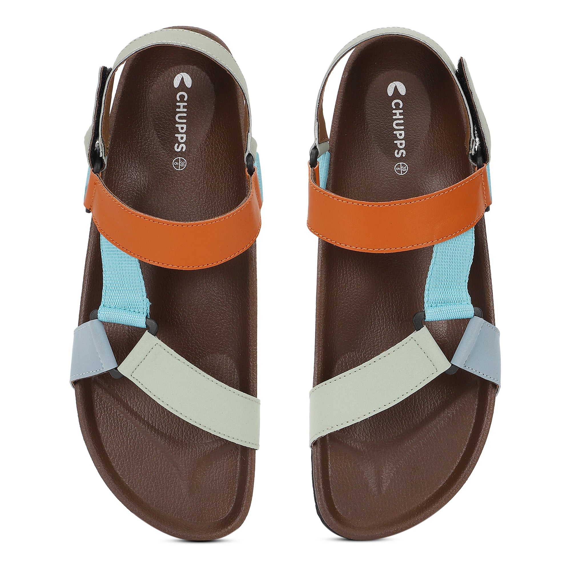 Pair of Chups sandals with brown sole, orange, blue, and beige straps on a white background