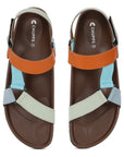 Pair of Chups sandals with brown sole, orange, blue, and beige straps on a white background