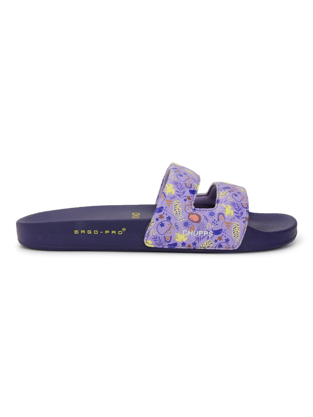 Purple Mimo slide sandal with floral design on a white background