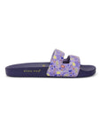 Purple Mimo slide sandal with floral design on a white background