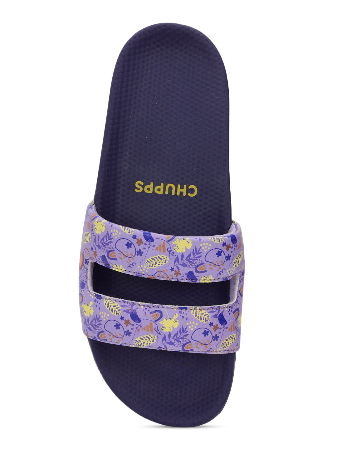 Navy slide sandal with a colorful strap featuring butterfly designs on a white background