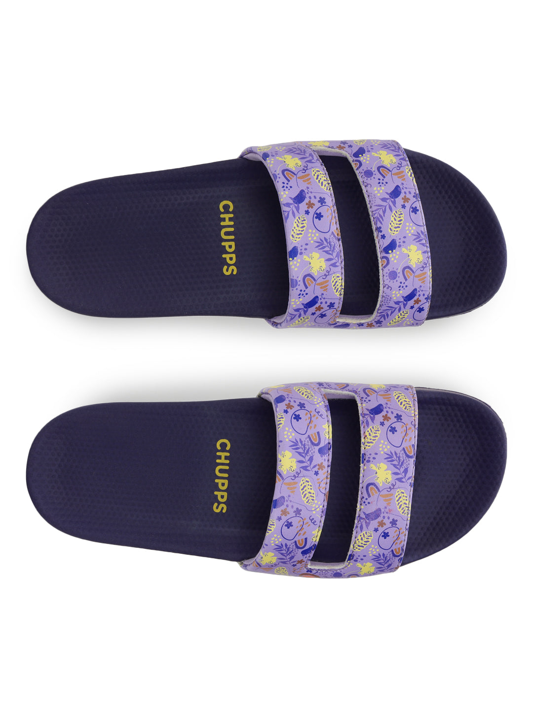 Pair of navy slides with purple floral straps on a white background