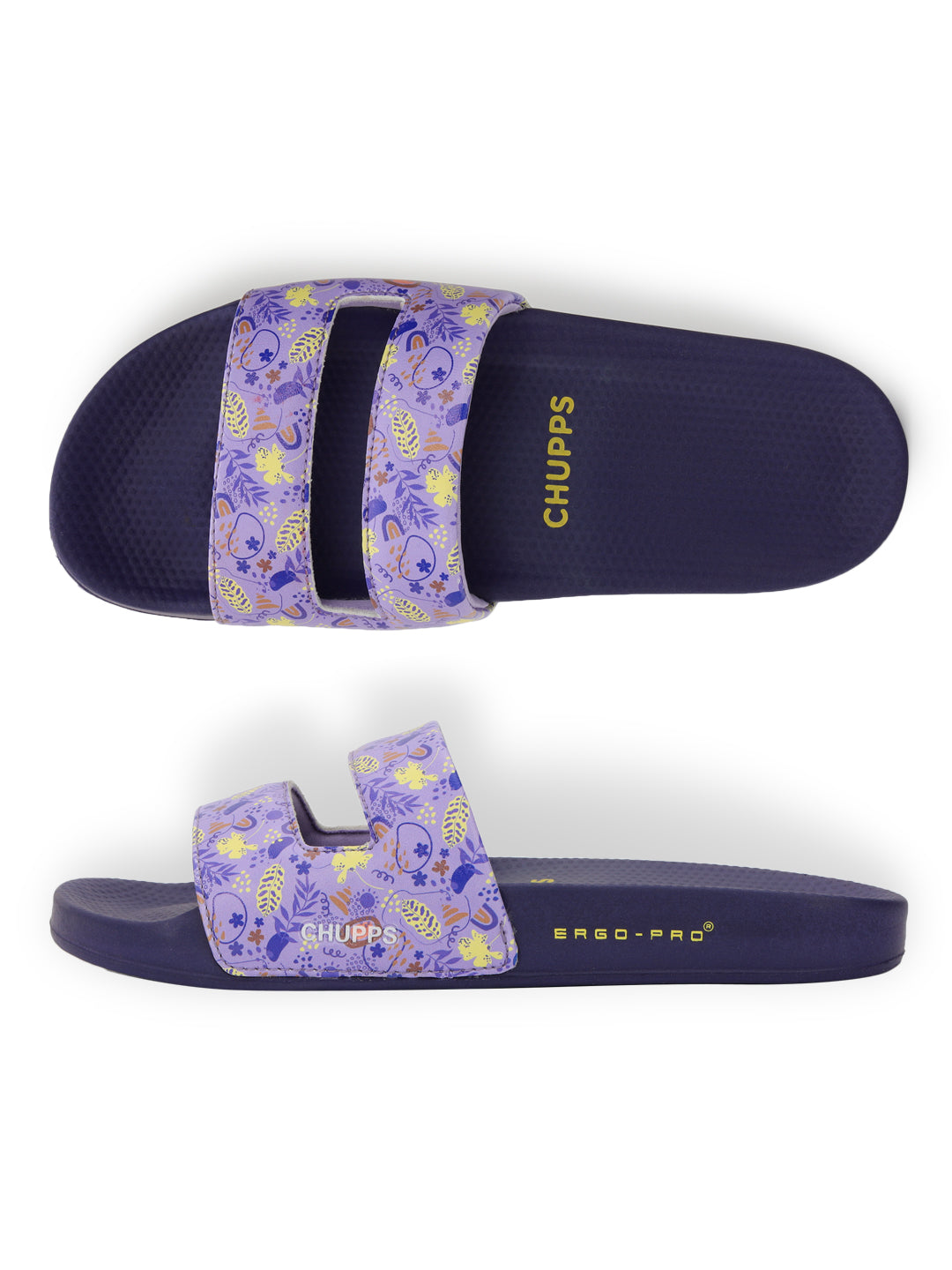 Purple slide sandals with floral pattern on straps and 'Chubbs' branding on a white background