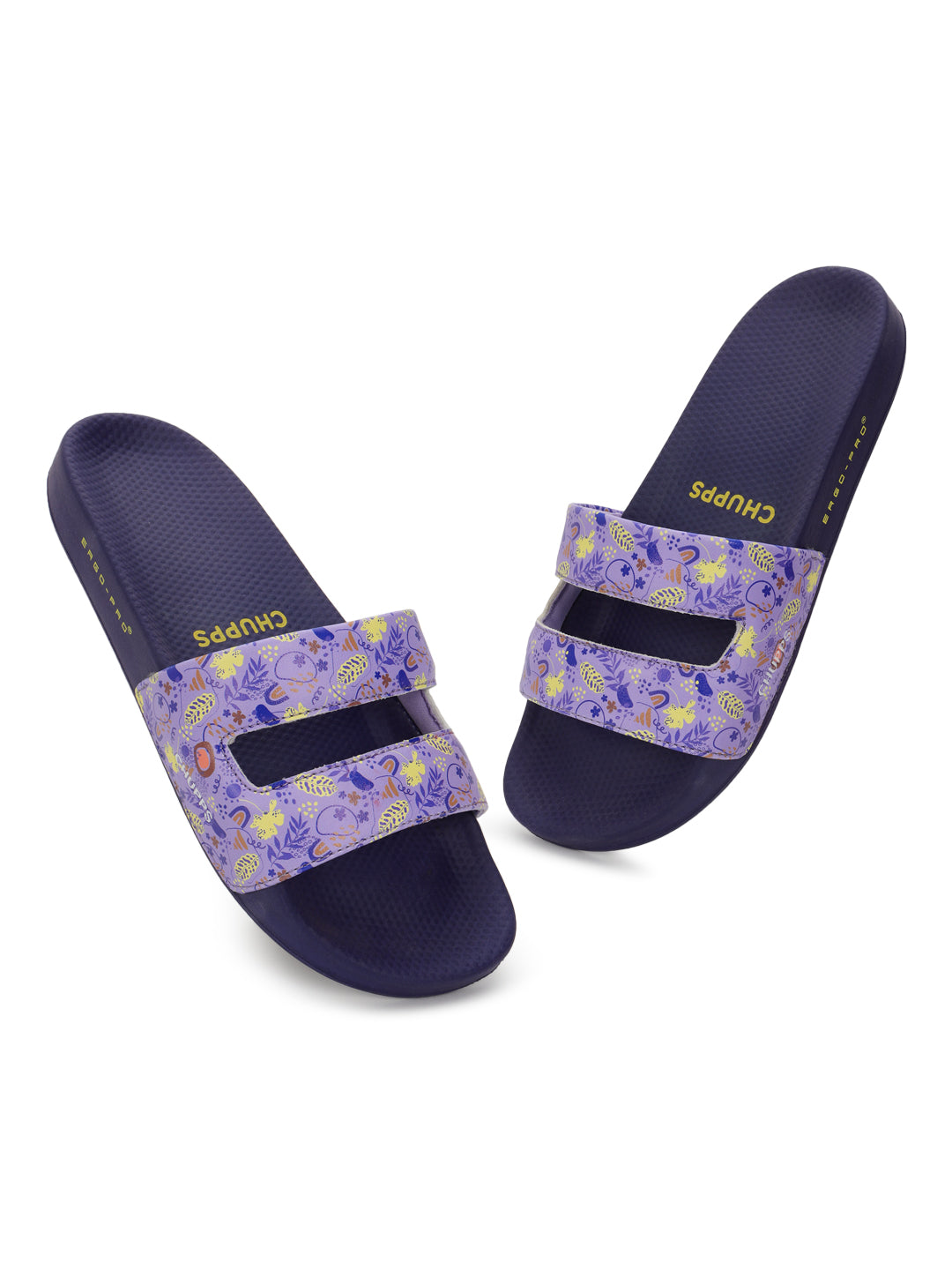 Pair of purple slides with floral straps on a white background