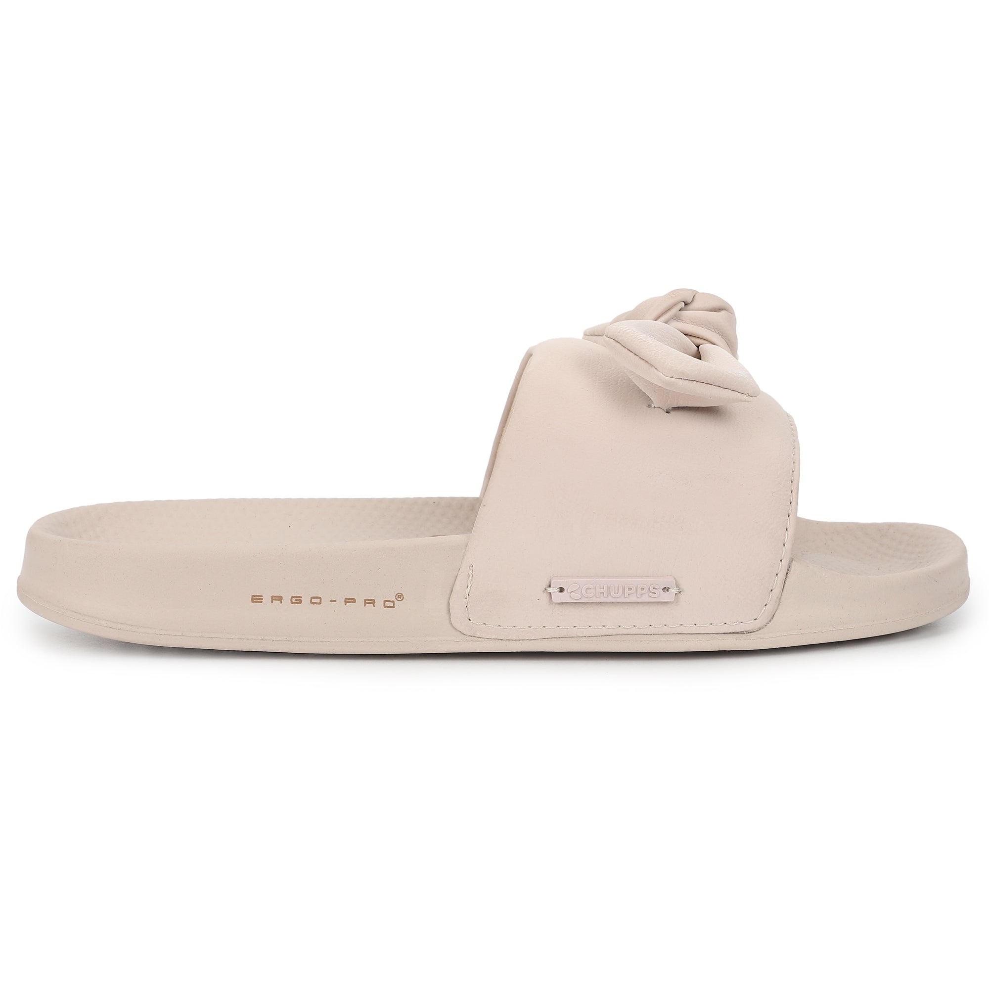 Side profile of lightweight peach-beige women’s casual sliders by Chupps 