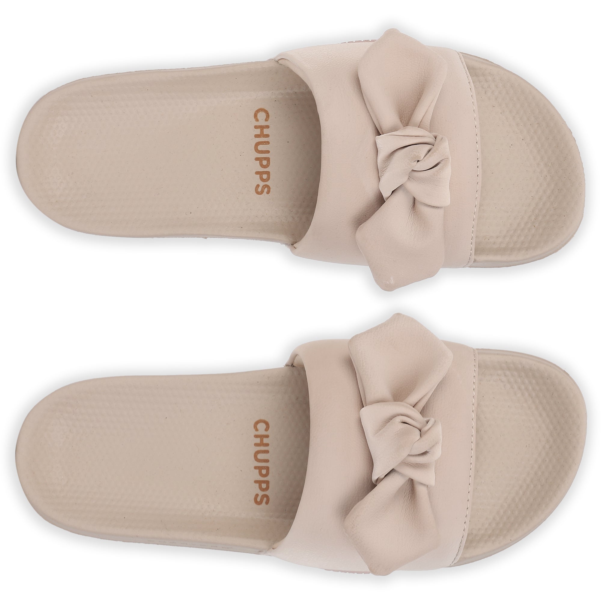 Top view of beige casual sliders for women with cushioned sole