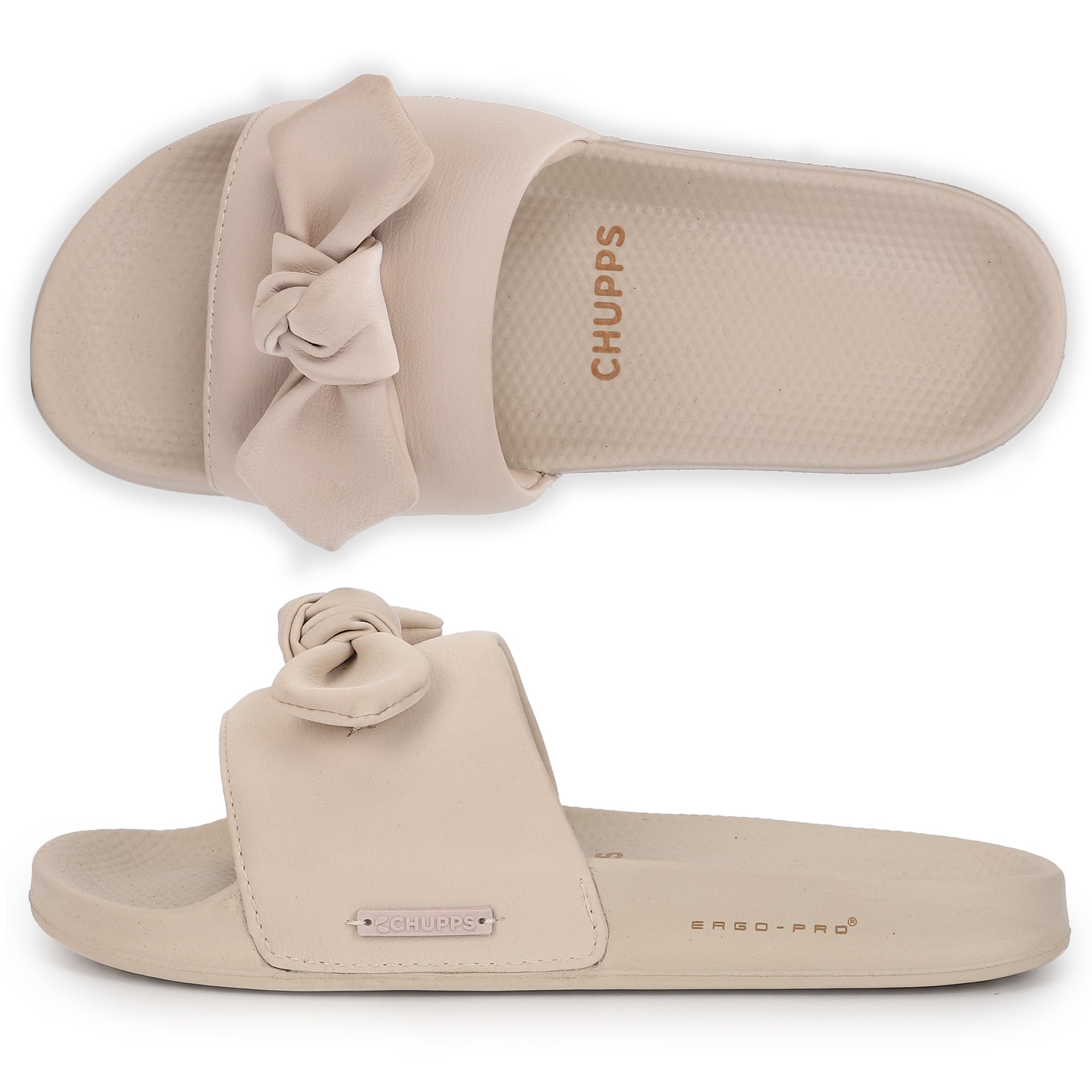 Top and side view of beige casual sliders for women with cushioned sole