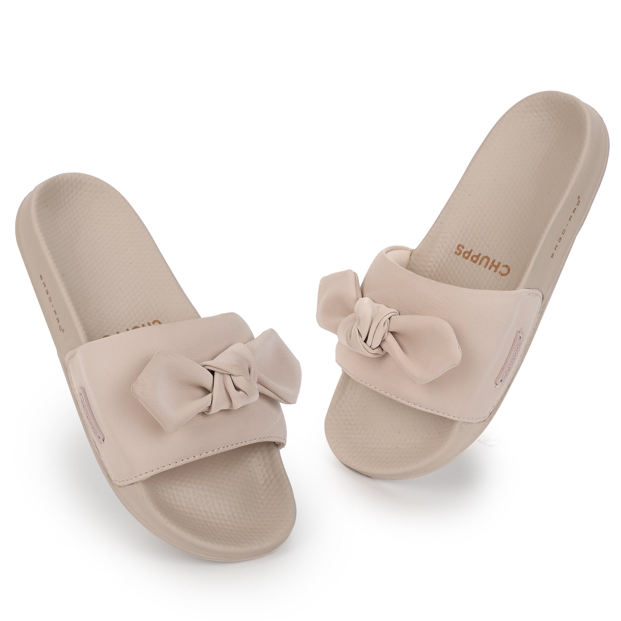 Top view of beige casual sliders for women with cushioned sole
