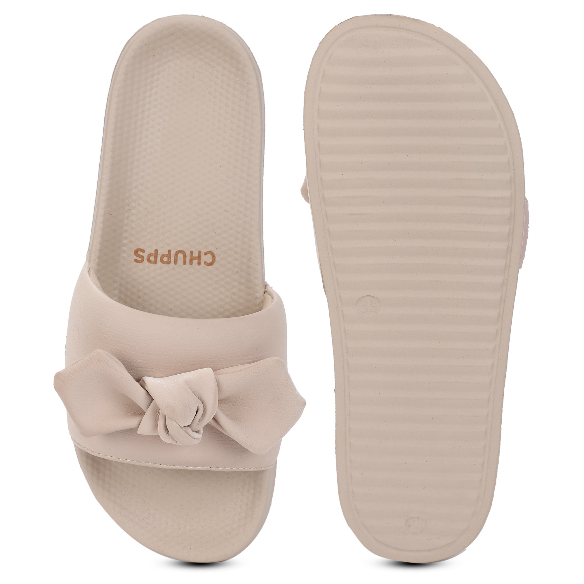 Top and sole view of beige casual sliders for women with cushioned sole