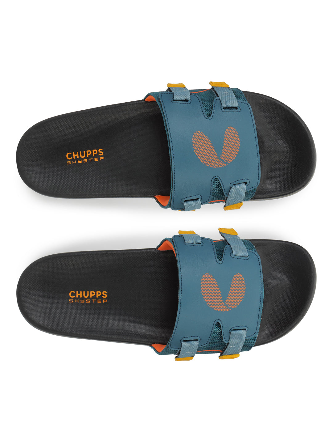 Chupps Teal Orange Sliders with vibrant contrast top view