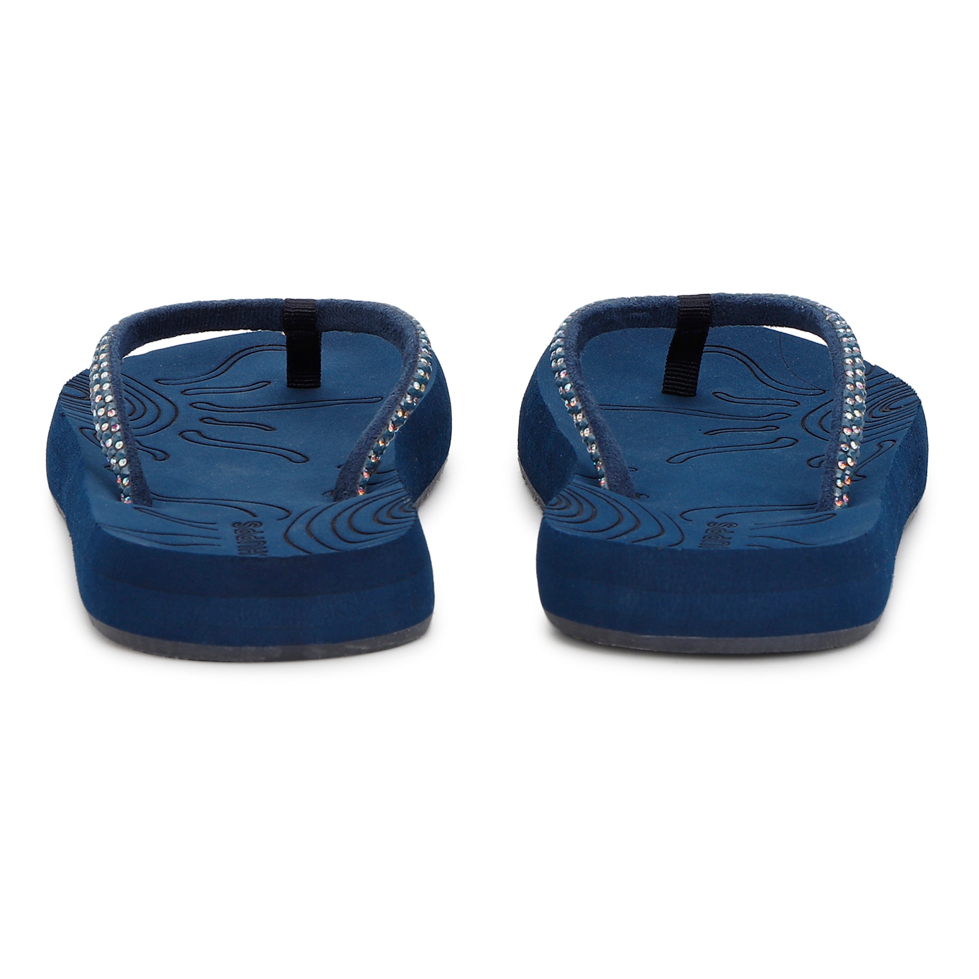 Navy blue flip-flops showing sole thickness