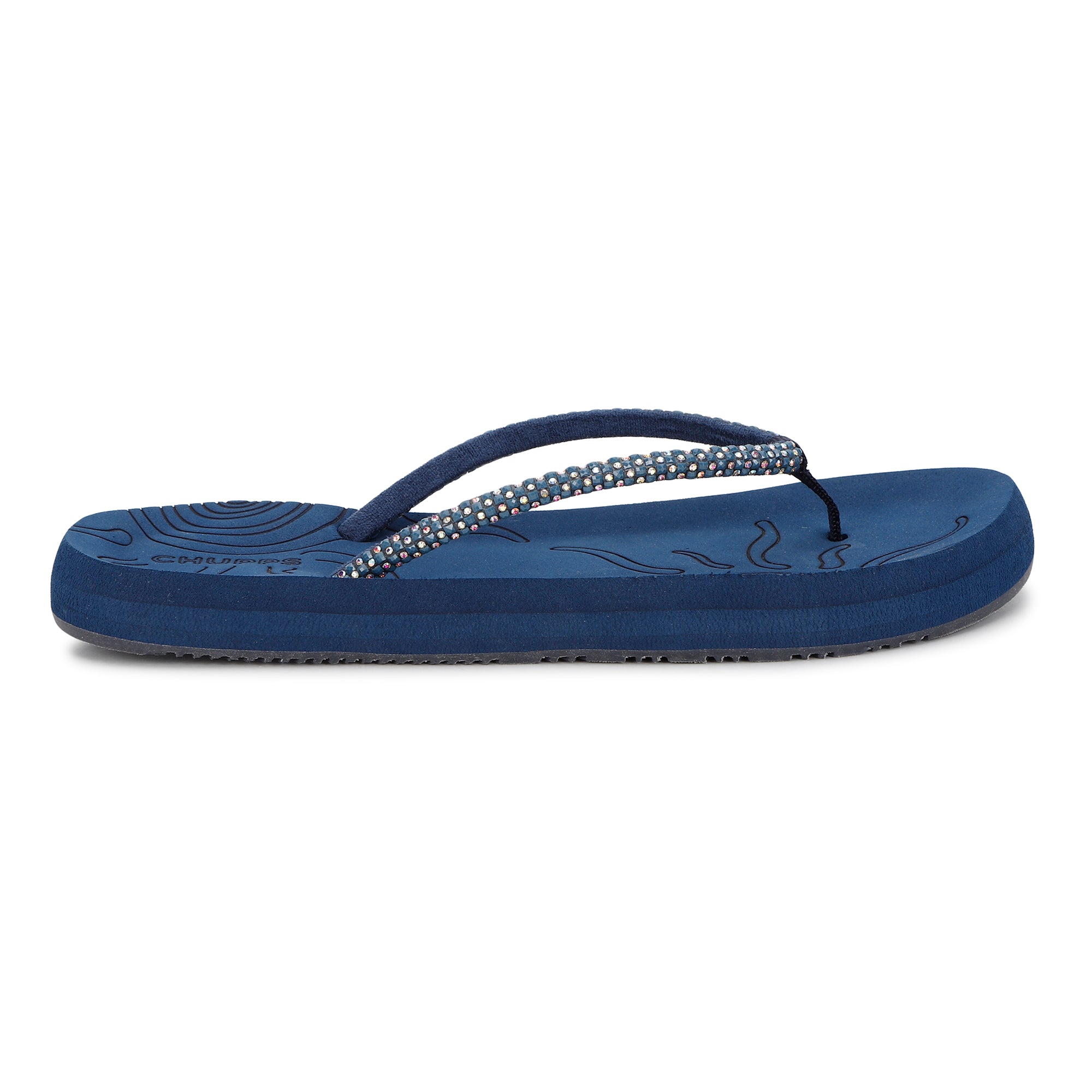Navy blue flip-flops with textured sole and patterned straps.