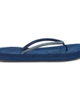 Navy blue flip-flops with textured sole and patterned straps.