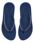 Navy blue flip-flops displaying footbed pattern and design