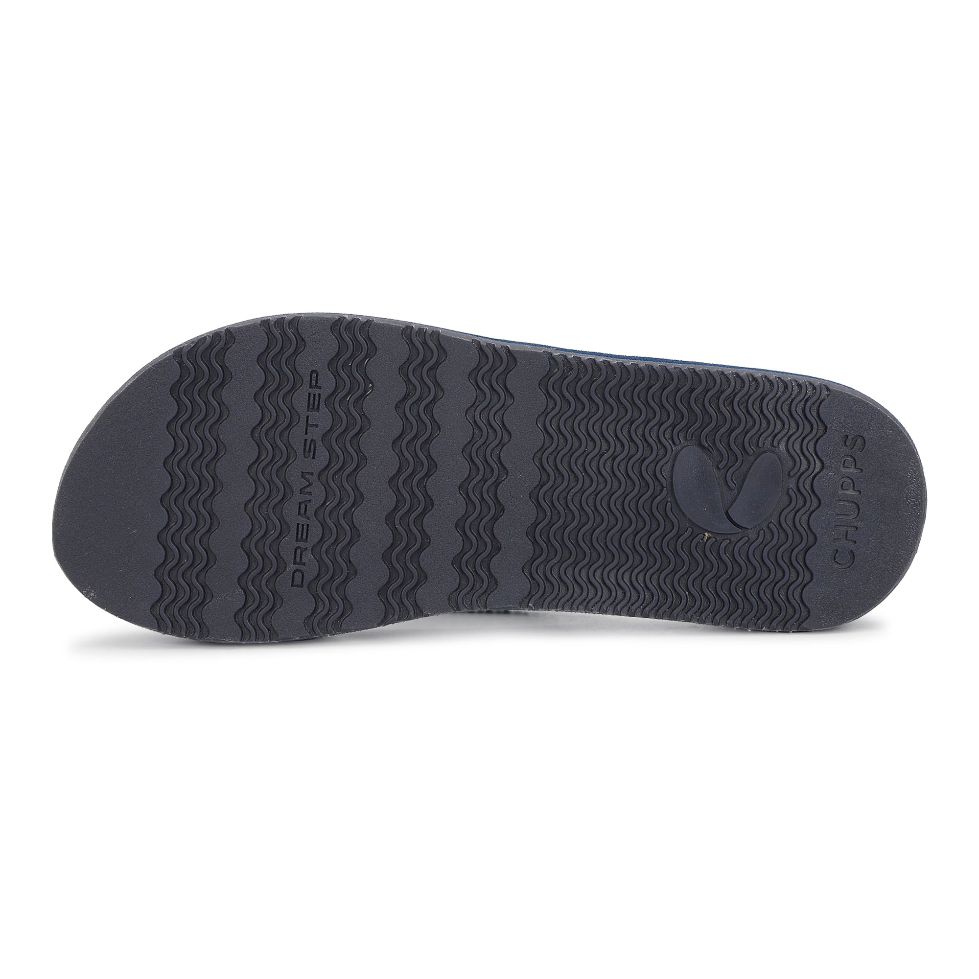 Navy blue flip-flop showing chupps logo pattern on the sole.