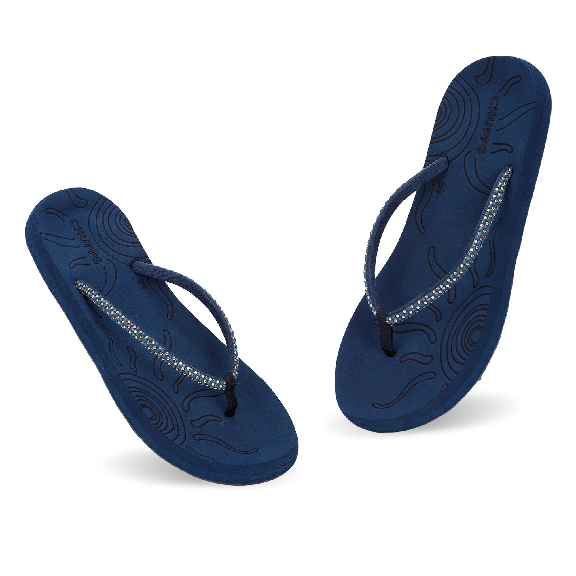 Navy blue flip-flops placed on a white background.