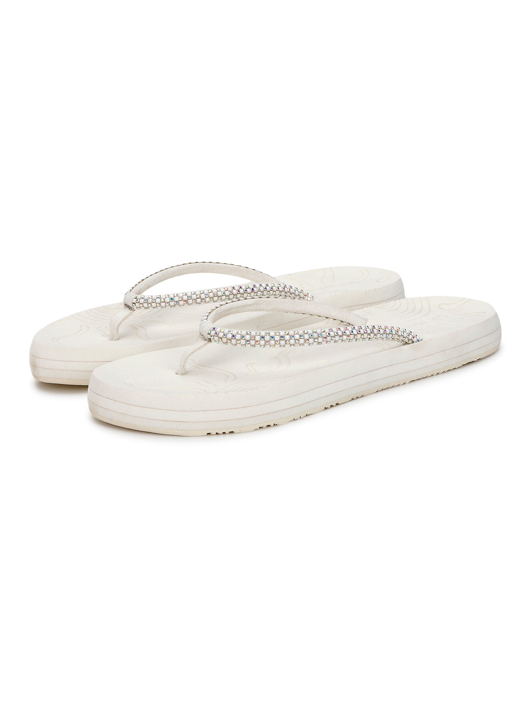 White solis slider pair showcasing sleek V-strap with subtle sparkle